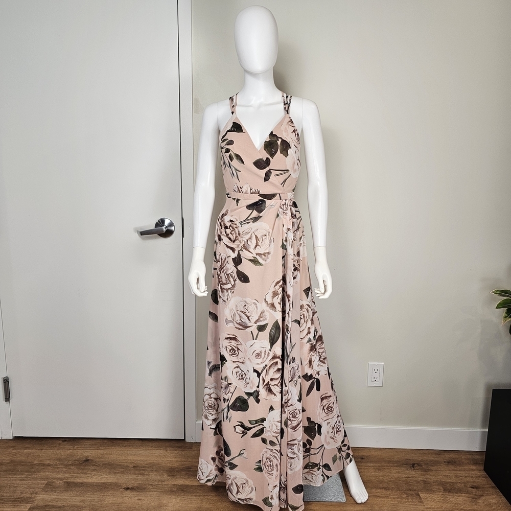 Fame and Partners Light Pink Beige Floral Rose Wrap Style High Slit Dress Sz 8